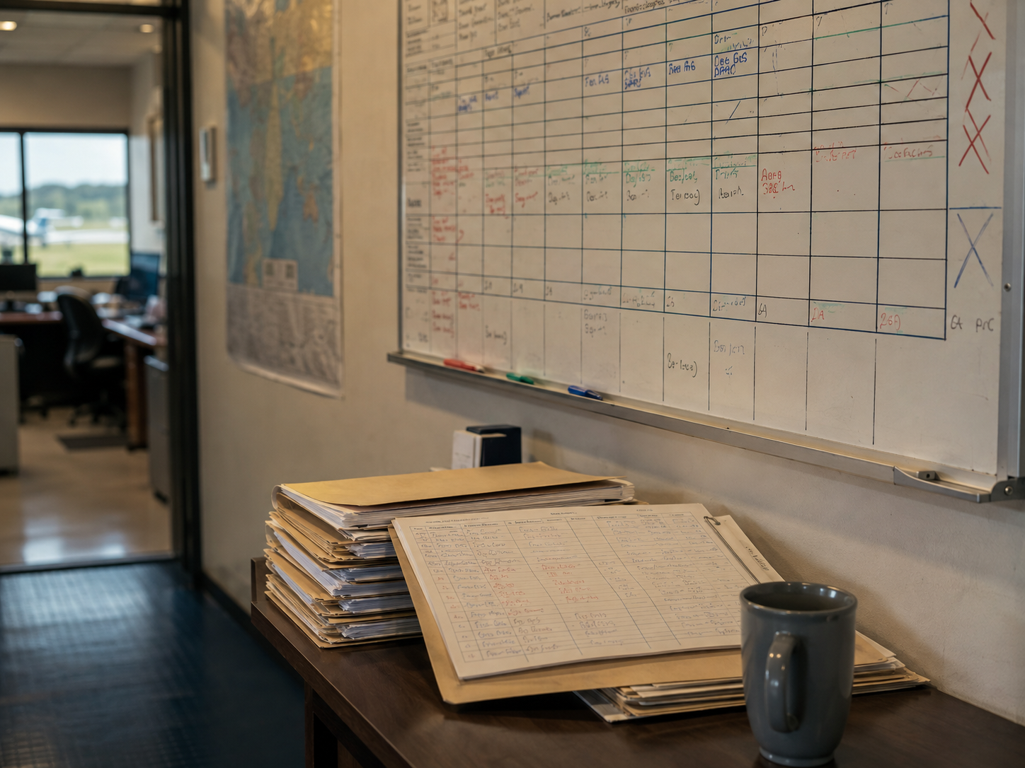 Flight school operations desk with a whiteboard schedule and student training folders