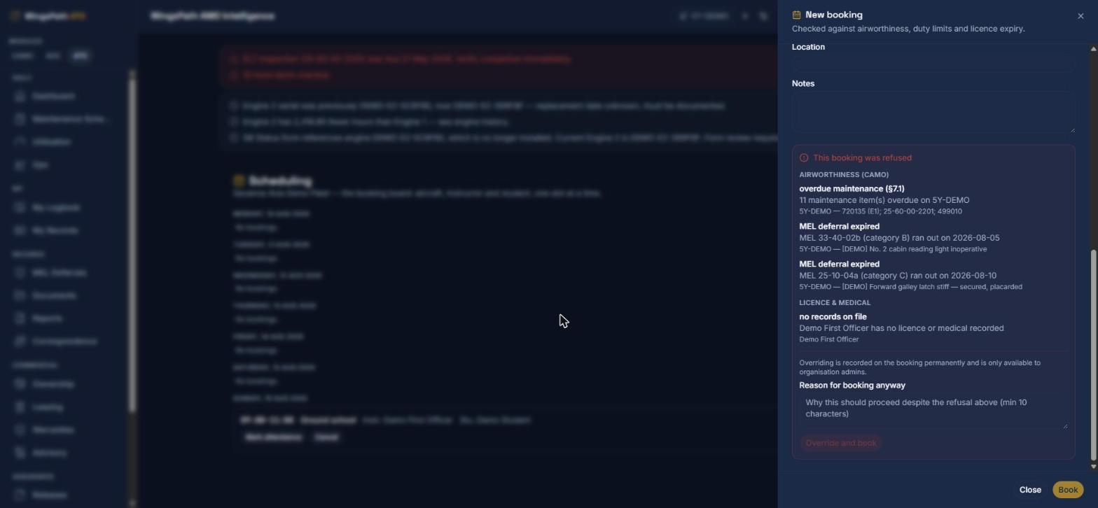 The WingsPath scheduling board showing a refused booking with its reasons