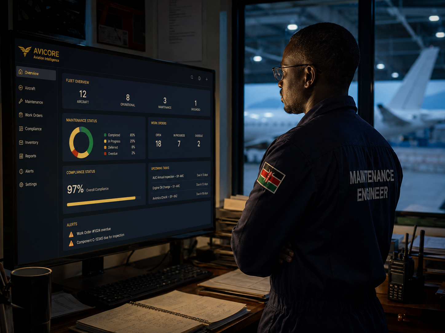 Engineer reviewing an aircraft status dashboard on a monitor in a hangar office