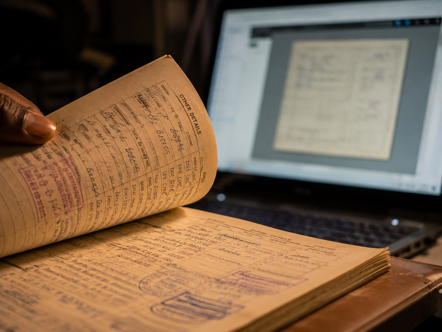 Close-up of an aged aircraft logbook page being scanned beside a laptop