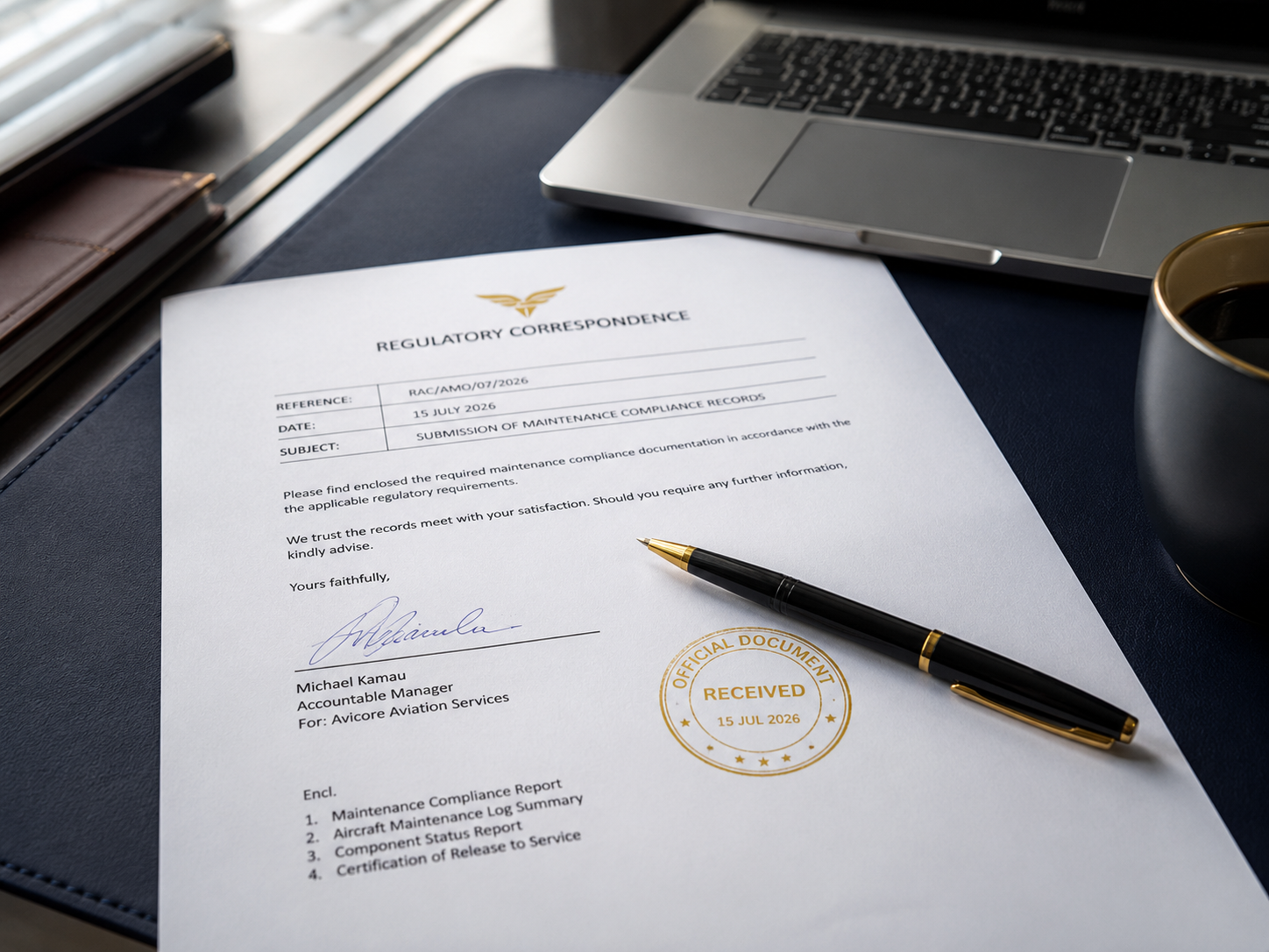 Signed regulatory correspondence document on a desk, ready for submission