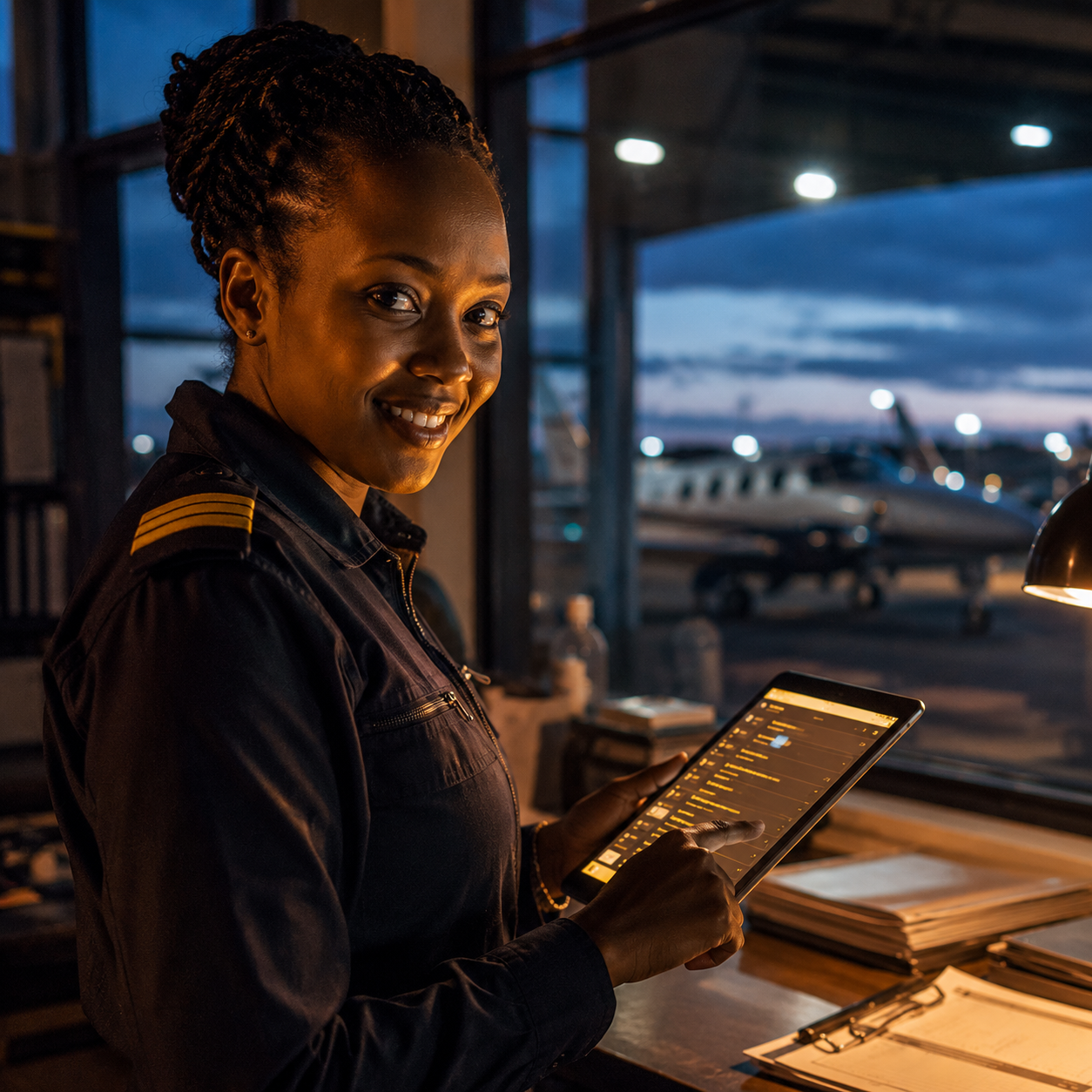 Smiling aviation professional in uniform consulting a tablet showing the WingsPath assistant, aircraft on a dusk ramp behind her